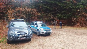 Radiowóz, pojazd straży leśnej oraz policjant i strażnik wchodzący do lasu