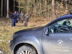 Policjanci i strażnicy podczas patrolowania lasu